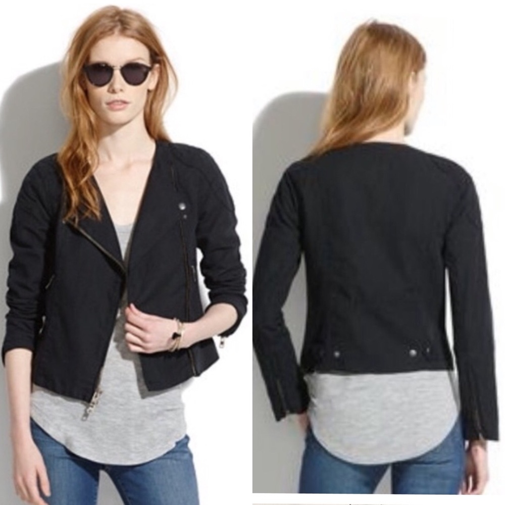 Madewell Women’s Sidecar Black Quilted Biker Jacket Sz S Linen Blend Zipper